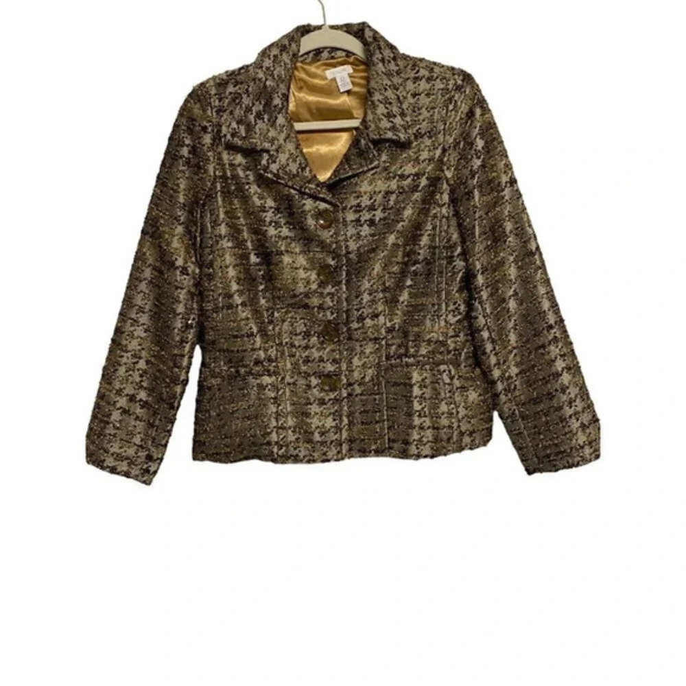 Chicos Blazer Womens 0 Career Metallic Brown Gold Copper Lined Faux Pockets